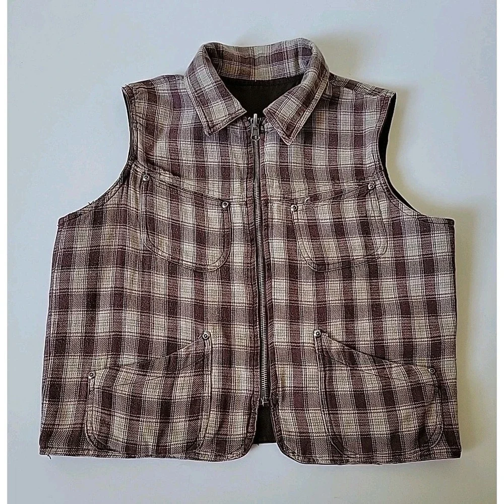 St Johns Bay Vintage Reversible Vest Petite Medium Brown‎ Denim Flannel Full Zip